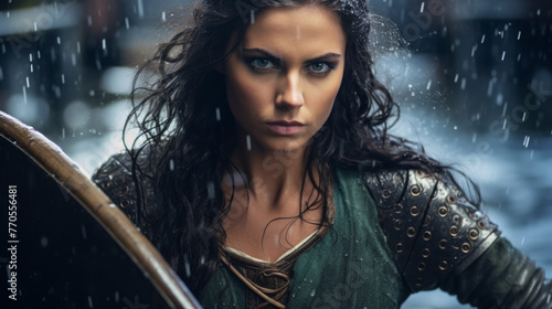 Portrait of a Shield Maiden Viking Woman in the Rain. Piercing Blue Eyes with Brown Wild Hair. Old Viking Costume.