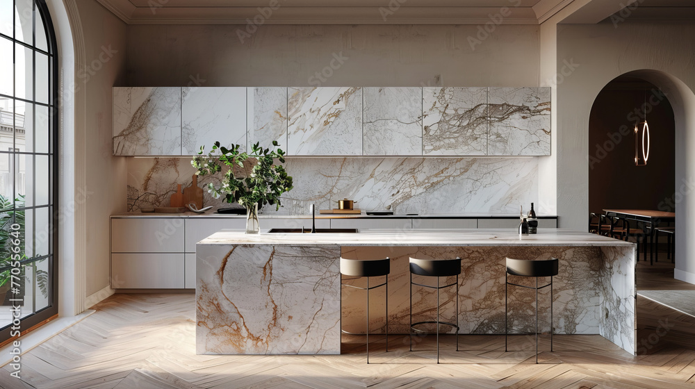 Modern minimalist kitchen with expansive marble island, sleek furnishings, and large windows for a bright interior Modern minimalist kitchen with expansive marble island, sleek furnishings, and large windows for a bright interior
