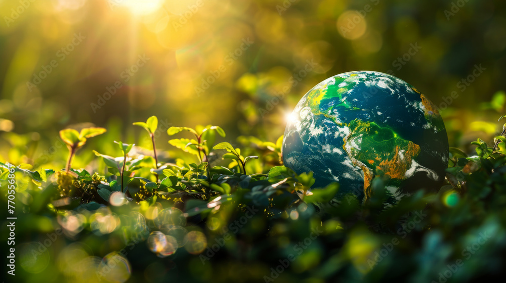 A small blue and green globe is placed on a lush green grass field with a blurred forest in the background. A small green plant is growing on the globe. The globe is a representation of the earth. A small blue and green globe is placed on a lush green grass field with a blurred forest in the background. A small green plant is growing on the globe. The globe is a representation of the earth.