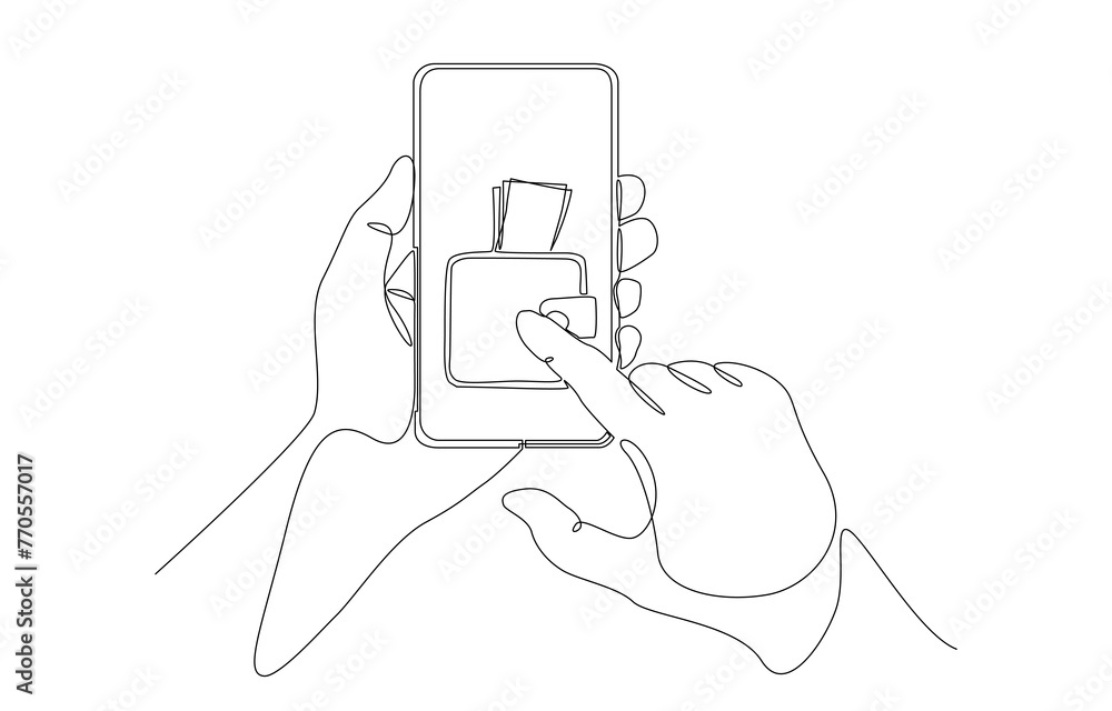 Continuous one line drawing of hand holding smart phone with wallet on screen, mobile banking or digital wallet concept, single line art. - obrazy, fototapety, plakaty 