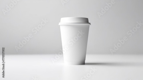 A white disposable paper cup with lid on white background. Side view. Copy space, place for text, empty space. photo