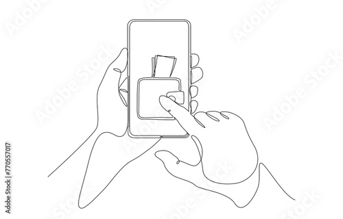 Continuous one line drawing of hand holding smart phone with wallet on screen, mobile banking or digital wallet concept, single line art.
