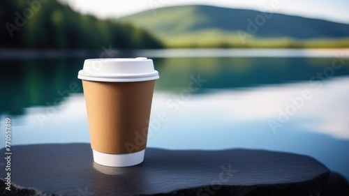 Brown craft disposable cup with coffee on stone against background of mountains, lakes, and the sea. Copy space, place for text, empty space.