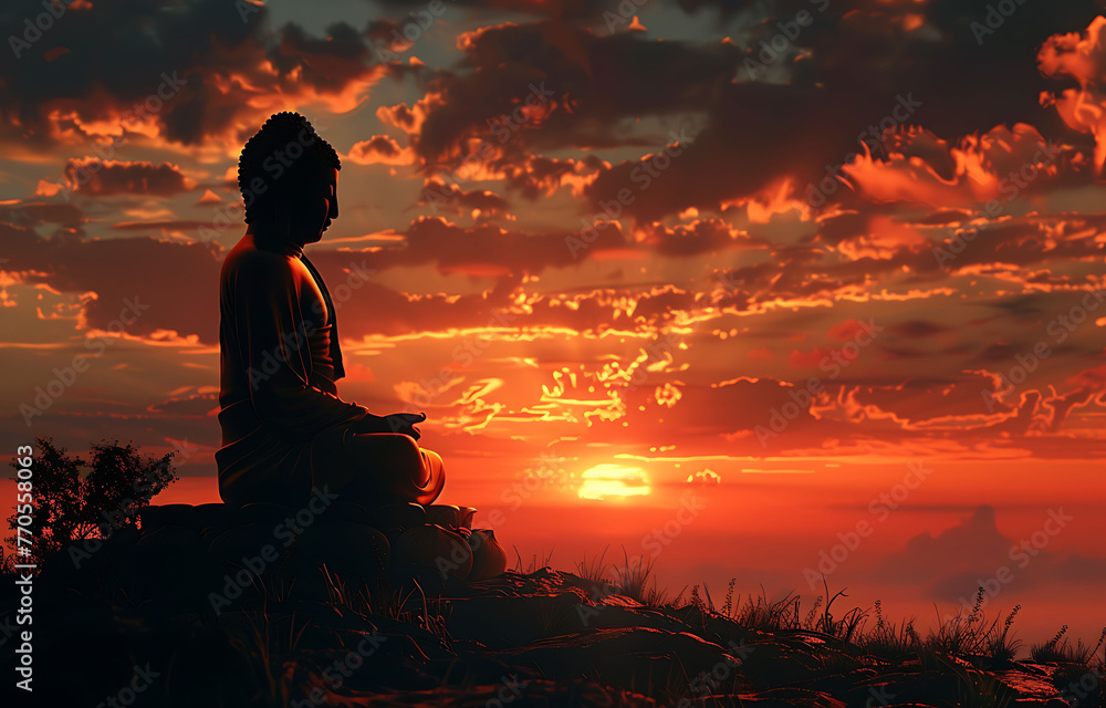 Silhouette of Buddha statue sitting on the top with sunset sky background