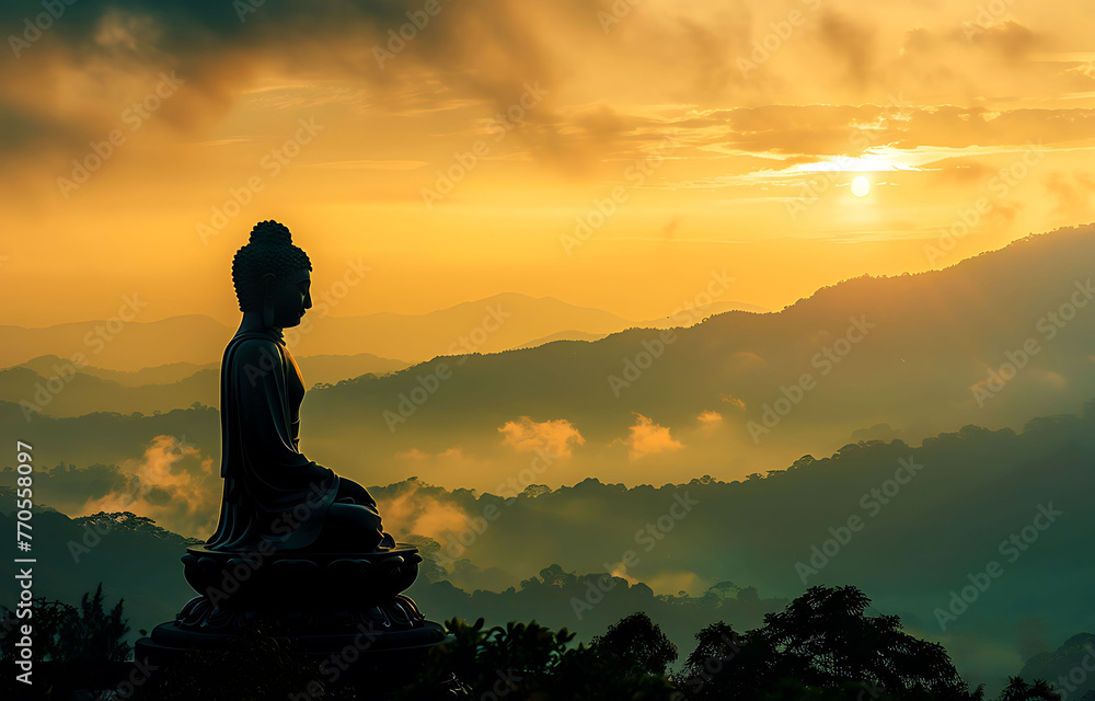 Silhouette of Buddha statue sitting on the top mountain with sunset sky background, golden hour time, golden light