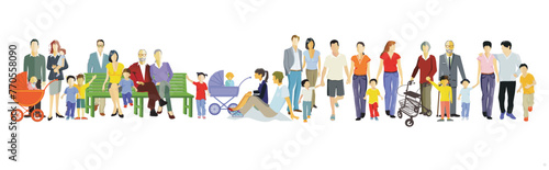 Eine große Gruppe von Eltern mit Kindern, isoliert illustration