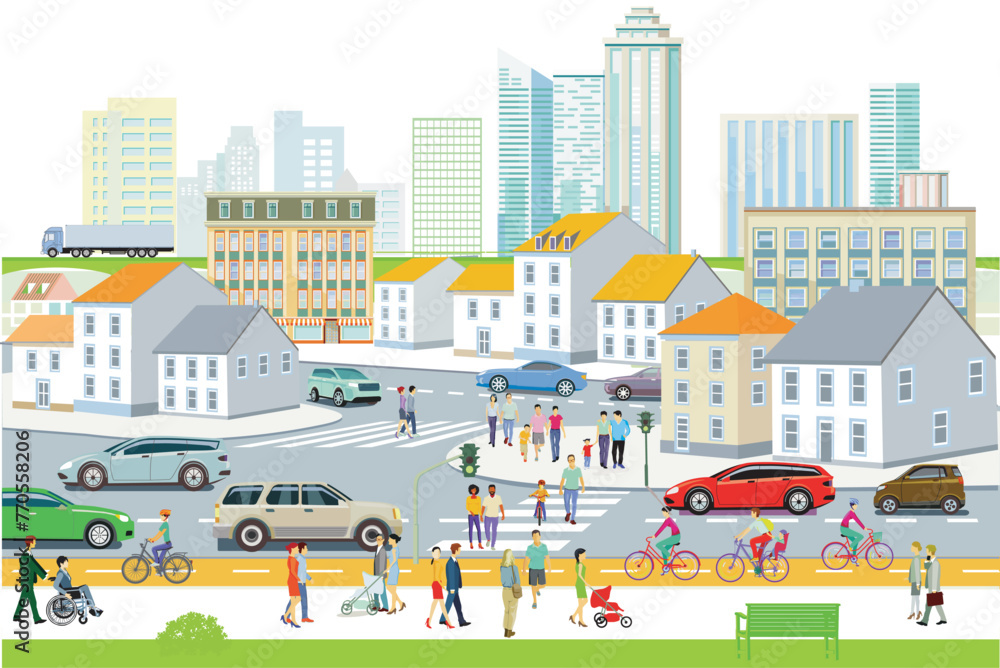 Obraz premium Stadtsilhouette einer Stadt mit Verkehr und Menschen, illustration