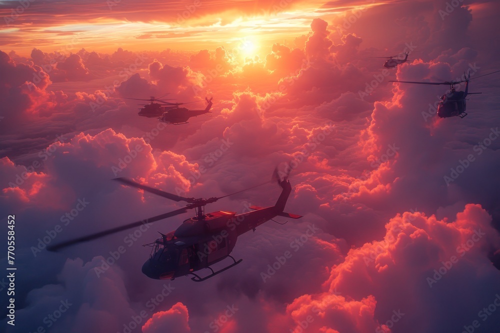 Fototapeta premium Striking image of military helicopters soaring across a cloud-filled sky during a mission