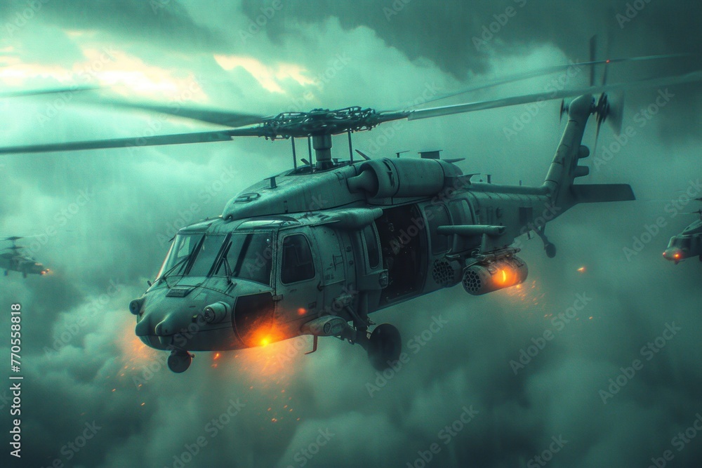 Striking image of military helicopters soaring across a cloud-filled sky during a mission Striking image of military helicopters soaring across a cloud-filled sky during a mission