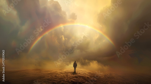 A man standing under the rainbow and the clouds