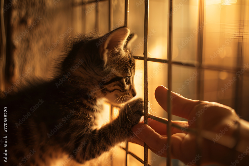 Mały kotek zamknięty w klatce czeka na nowego właściciela w schronisku dla zwierząt - obrazy, fototapety, plakaty 