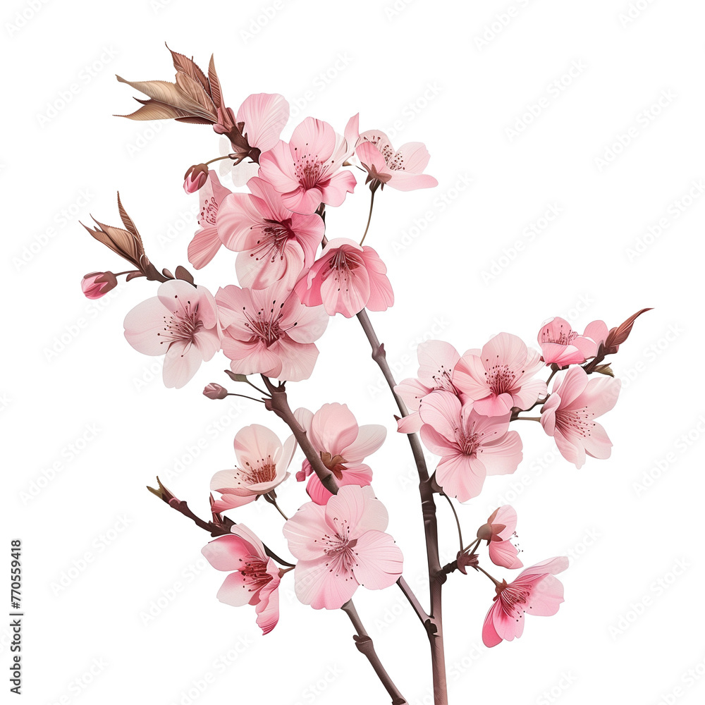 A hyper-realistic painting of a blooming cherry blossom branch, isolated on transparent background A hyper-realistic painting of a blooming cherry blossom branch, isolated on transparent background