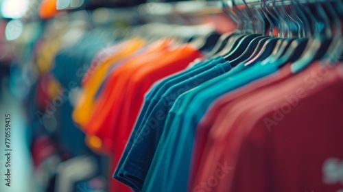 A neat row of colorful t-shirts hanging on a rack in a store, neatly displayed for customers to browse and purchase photo