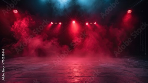 The dark stage shows, dark red background, an empty dark scene, neon light, and spotlights The concrete floor and studio room with smoke float up for display products - generative ai