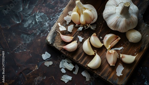 Heads of garlic, cloves of garlic and chopped garlic on a wooden board.