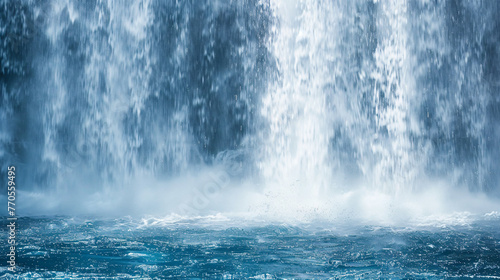 A close-up of water fiercely plunging into the pool below with mist rising around.