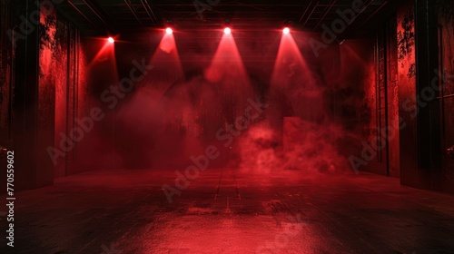 The dark stage shows, dark red background, an empty dark scene, neon light, and spotlights The concrete floor and studio room with smoke float up for display products - generative ai