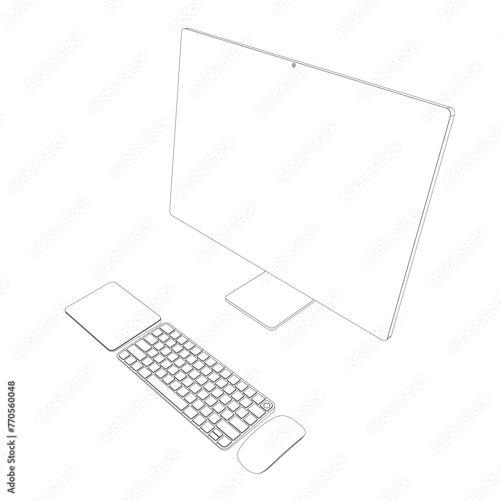 Monitor PC mockup. Outline thin frame monitor or PC with mouse and keyboard isolated on white background. Contour for web site, presentation, or advertising. Vector monitor, keyboard, computer mouse Monitor PC mockup. Outline thin frame monitor or PC with mouse and keyboard isolated on white background. Contour for web site, presentation, or advertising. Vector monitor, keyboard, computer mouse