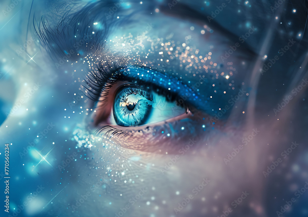 An eye with a starry sky background, a beautiful and dreamy blue color scheme, a high definition photography style,