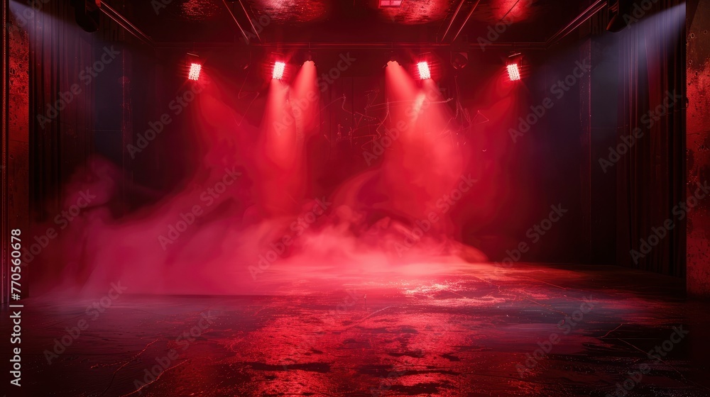 The dark stage shows, dark red background, an empty dark scene, neon light, and spotlights The concrete floor and studio room with smoke float up  for display products - generative ai