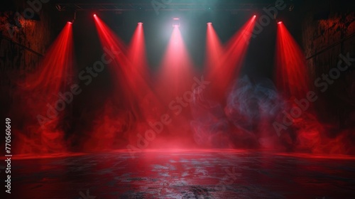 The dark stage shows  dark red background  an empty dark scene  neon light  and spotlights The concrete floor and studio room with smoke float up  for display products - generative ai