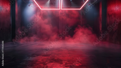 The dark stage shows, dark red background, an empty dark scene, neon light, and spotlights The concrete floor and studio room with smoke float up  for display products - generative ai © Nia™