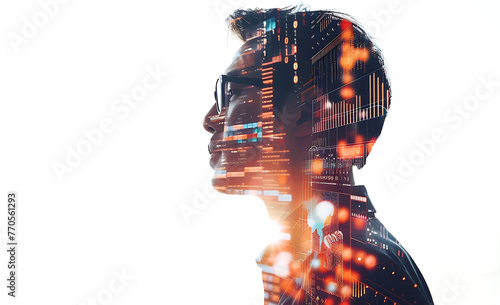 A double exposure of the profile silhouette and digital data visualizations, 