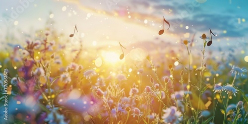 Wildflower meadow with floating musical notes at sunset, creating a magical and harmonious natural scene. 