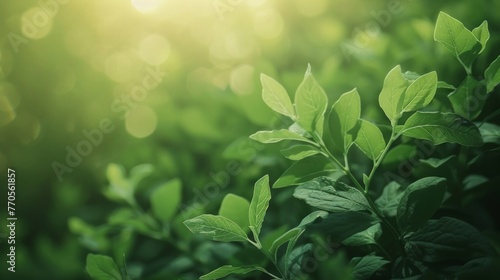 Detailed view of a bush with vibrant green leaves  illuminated by soft light