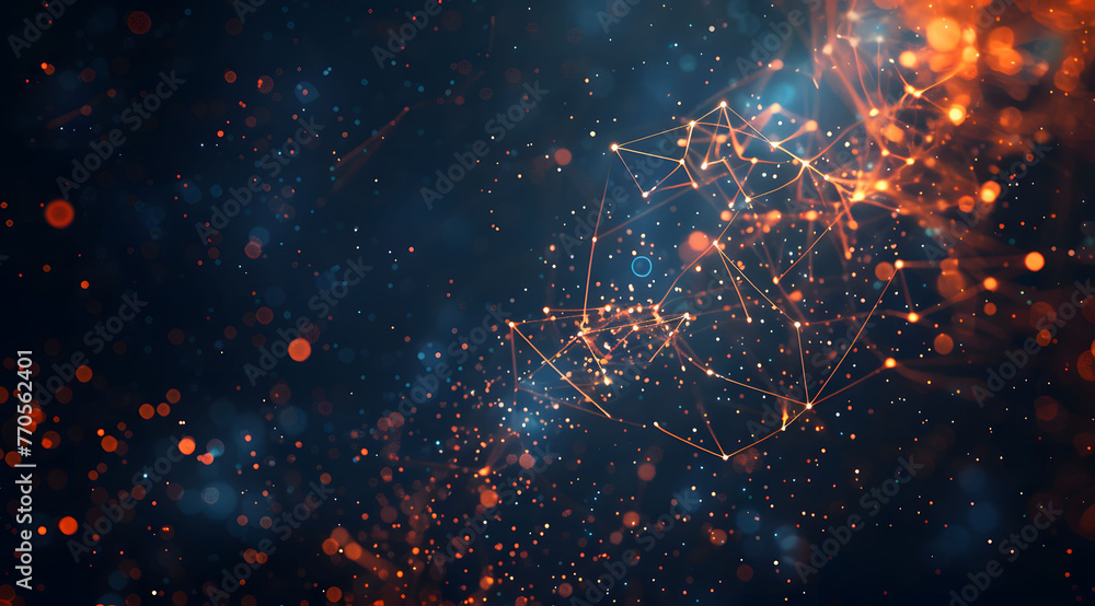 Abstract geometric network on dark blue background, illustrating the concept of network line connections and data connections. Blue lines connected with dots illustrate the network structure. Abstract geometric network on dark blue background, illustrating the concept of network line connections and data connections. Blue lines connected with dots illustrate the network structure.