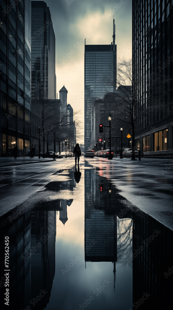 Desolation Echoing Through Gloomy Rain-Washed Cityscape: A Metaphor for Urban Sadness