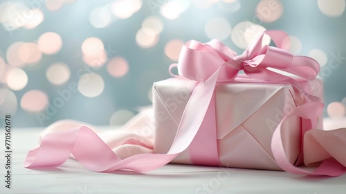 A pink gift box adorned with a pink ribbon placed next to it
