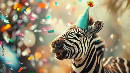 A happy zebra is smiling while wearing a party hat on its head