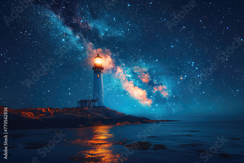 lighthouse at sea, starry night sky