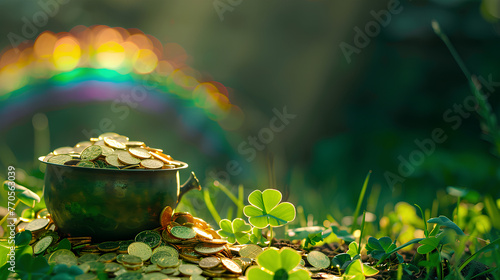 Saint Patrick's Day and Leprechaun's pot of gold coins concept with a rainbow indicating where the leprechaun hid treasure on green with copy space. St Patrick is the patron saint of Ireland backdrop