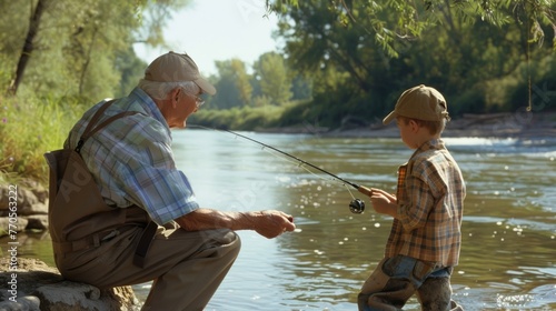 Happy grandfather and grandson catching fish at the picturesque nature on a summer day. Family relationships and hobbies concept. Fun fishing on river shore in natural landscape. Positive boy hold rod