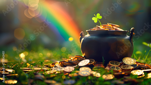 Saint Patrick's Day and Leprechaun's pot of gold coins concept with a rainbow indicating where the leprechaun hid treasure on green with copy space. St Patrick is the patron saint of Ireland backdrop