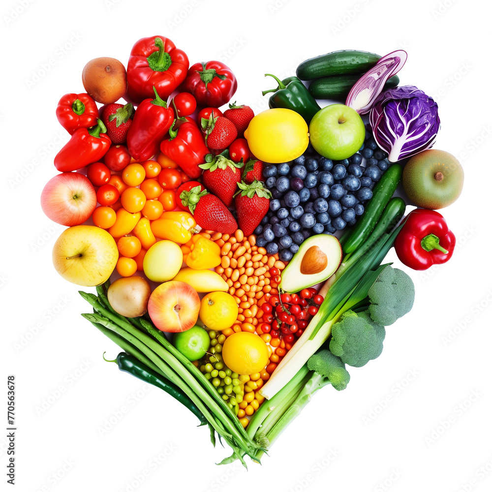 A colorful collection of fruits and vegetables forming a heart shape, promoting healthy eating, isolated on transparent background