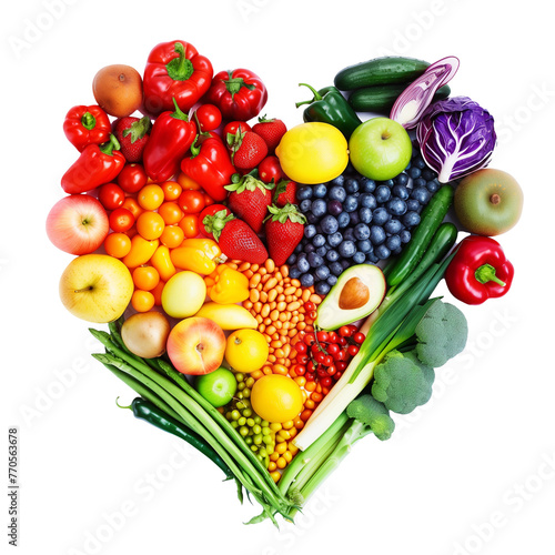 A colorful collection of fruits and vegetables forming a heart shape  promoting healthy eating  isolated on transparent background