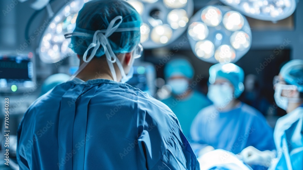A group of surgeons in scrubs focus on performing a surgery in an operating room