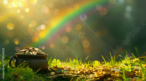 Saint Patrick's Day and Leprechaun's pot of gold coins concept with a rainbow indicating where the leprechaun hid treasure on green with copy space. St Patrick is the patron saint of Ireland backdrop