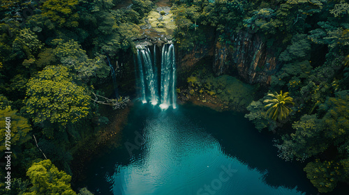 An aerial view of a powerful waterfall dropping into a clear blue lagoon surrounded by forest.