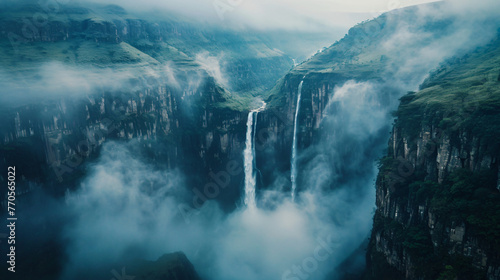 An aerial view of a powerful waterfall plunging into a deep canyon mist rising around it.