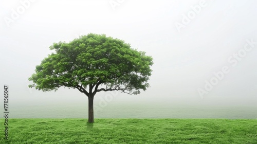 A tree stands alone in a field shrouded in thick fog  creating a mysterious atmosphere
