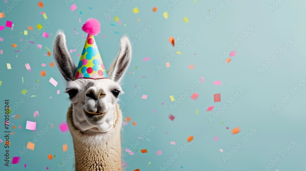 Fototapeta premium A happy llama is wearing a party hat and surrounded by confetti