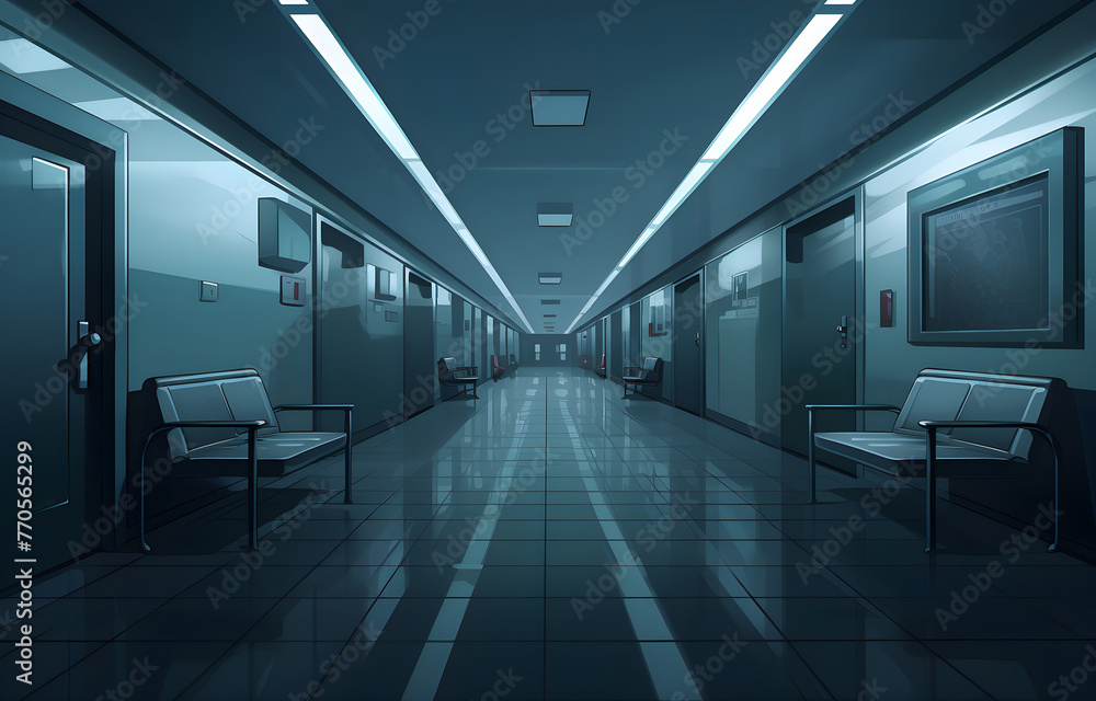 Long dark hospital corridor with rooms and seats, empty accident Long dark hospital corridor with rooms and seats, empty accident