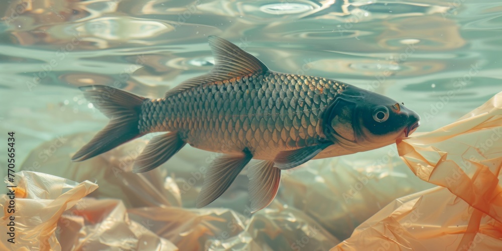 Fish swimming gracefully in murky orange-gray water carrying plastic bags Fish swimming gracefully in murky orange-gray water carrying plastic bags