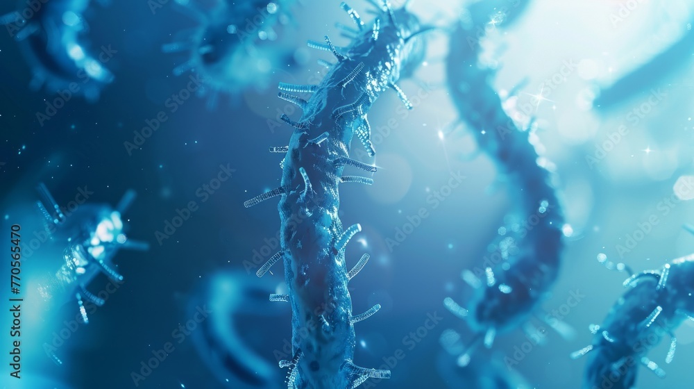 Close-up of bacteria with a focus on details, highlighted in blue.
