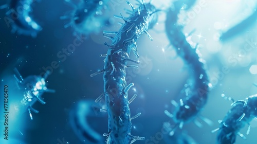 Close-up of bacteria with a focus on details, highlighted in blue. 