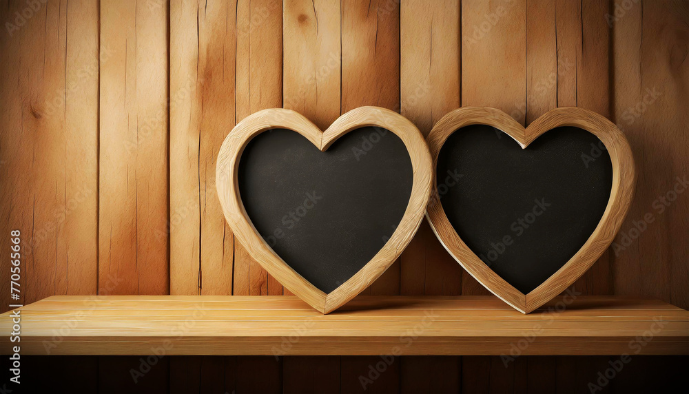 Φωτογραφία Two blank blackboards with wooden frame in the shape of heart, on top of a wooden shelf with copy space